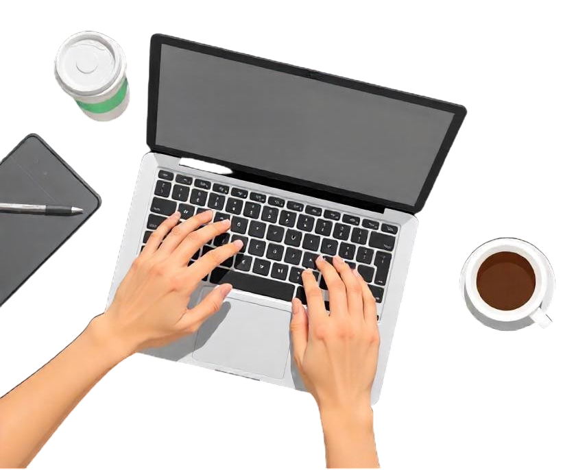 Blog Page Banner : Hands Typing on Laptop, coffee mugs on table